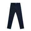 Navy blue slacks with a fitted design, featuring pockets and a waistband with a logo.