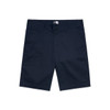 Navy blue dress shorts with a button and zipper closure, featuring front pockets and a logo on the waistband.