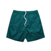 Teal beach shorts featuring an elastic waistband and drawstring detail. Includes a logo on the waistband.