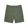 Olive green work shorts with a straight cut and a waistband. Features a logo on the waistband.