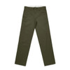 Olive green regular pants with a straight-leg design, featuring a waistband and pockets. Includes a logo.