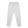 Grey track pants featuring an elastic waistband and cuffs, with a drawstring and a small logo.
