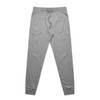 Grey premium track pants with a drawstring waist and fitted cuffs, featuring a logo on the side.