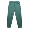 Faded green track pants with an elastic waistband and side pockets, featuring a logo.