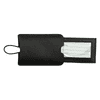 A black leather luggage tag with a transparent slot for information. It features a pull-apart design and a loop handle.