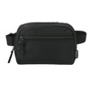 A black recycled sport bum bag with a front zip pocket and an adjustable strap; features branding.