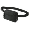 A black recycled sport bum bag with two zippered compartments and an adjustable strap. It features a logo.