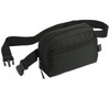 A black recycled sport bum bag with a zipper pocket and an adjustable strap, featuring a logo.