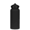 A drink bottle in matte black with a rubber-coated finish, featuring a twist-off top and a logo.