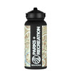 A drink bottle in black with a decorative pattern and a logo on it, featuring a 1L capacity.