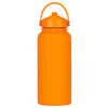 A drink bottle in vibrant orange, featuring a rubber-coated exterior and a screw-on lid with a handle.