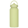 A drink bottle in a soft green colour, featuring a rubber coating and a handle, with a logo on the side.