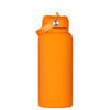 A drink bottle in bright orange with a rubber coating and a metal accent on the cap, featuring a strap.