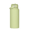 A drink bottle in a soft green colour with a rubber coating and a metal lid and strap. It features a logo.