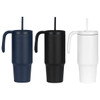 A drink bottle set featuring three tumblers in navy, black, and white, each with a handle and a straw.