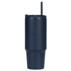 A drink bottle in dark navy with a handle and straw, made from recycled materials, featuring a logo.