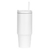 A drink bottle featuring a white design, with a handle and straw, suitable for cold beverages. Logo visible.