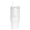A drink bottle in white with a handle and straw, made from recycled materials, featuring a logo.