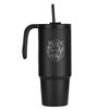 A drink bottle in matte black with a handle and straw, featuring a logo. Ideal for outdoor use.