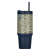 A drink bottle with a patterned design featuring earthy tones, a navy blue base, and a straw lid. It has a logo.