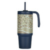 A drink bottle featuring a handle, in navy blue with a decorative patterned midsection.
