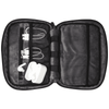 A grey organiser pouch containing charging cables and earbuds, featuring a logo on the exterior.