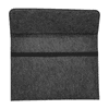 A grey felt laptop sleeve with a black strap and an interior pocket, featuring a branding logo.