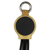 A 16.5cm recycled charging cable in black with a wooden keyring holder, featuring a circular base and multiple connectors.