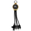 A 16.5cm recycled 6-in-1 charging cable with black connectors and a wooden keyring attachment. Features a logo.