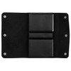 A black leather cover opens to reveal two card holders inside, with a soft, textured lining.