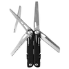 A multi-tool featuring silver stainless steel blades and black handles, designed for versatility and convenience.