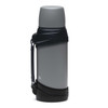 A drink bottle in grey with a dark green strap, featuring a sleek, cylindrical design and a black base.