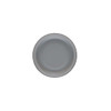 A round, light grey plate with a smooth surface and a subtle rim. The plate has a minimalist design.