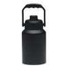 A drink bottle in matte black with a handle and a screw top lid, featuring a logo on the side.