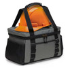 A grey and black cooler bag with a bright orange hard hat on top. It has a branded logo on the front.