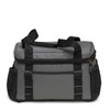 A grey and black cooler bag with multiple pockets and sturdy handles. It has a logo on the front.