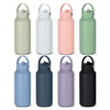 A drink bottle collection featuring various colours: green, white, pink, mint, navy, lavender, and black, with handles and logos.