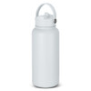 A drink bottle in a light blue hue with a handle and a secure lid, featuring a logo.
