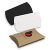 A small pillow box in black, white, and brown, featuring a logo on the brown box.