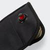 A lockable phone pouch in black with a red button and a textured interior. Features a zippered closure.