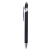 A black metal pen featuring a chrome clip and trim, with a stylus tip at the top. It includes a logo.