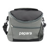 A grey cooler bag with a black top, featuring a zippered pocket and a mesh side pocket. It has a logo on the front.