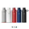 A drink bottle collection featuring grey, white, red, navy, and black options, each with a logo and carrying strap.