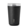 A drink bottle in matte black with a clear lid and a logo featured on the front. Ideal for hot or cold beverages.