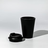 A black recycled PP 350mL coffee mug with a matching lid, featuring a simple design and a logo.