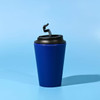 A blue recycled PP coffee mug with a black lid and a sip opening, featuring a logo.