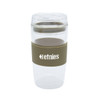 A reusable coffee cup in clear and olive green, featuring a logo and a silicone grip band.