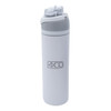 A drink bottle in white with grey accents, featuring a logo on the side and a flip-top lid.
