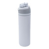 A drink bottle in white with a grey top, featuring a flip cap and a logo on the side.