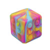 A multicoloured popper cube featuring vibrant swirls of pink, blue, yellow, and orange, with raised buttons on its surface.